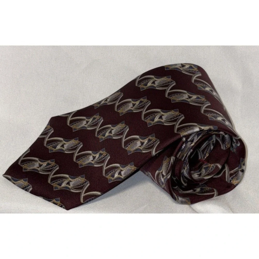 Henry Grethel‎ Men's Italian Silk Necktie Burgandy Multicolor Geometric 57 Inch